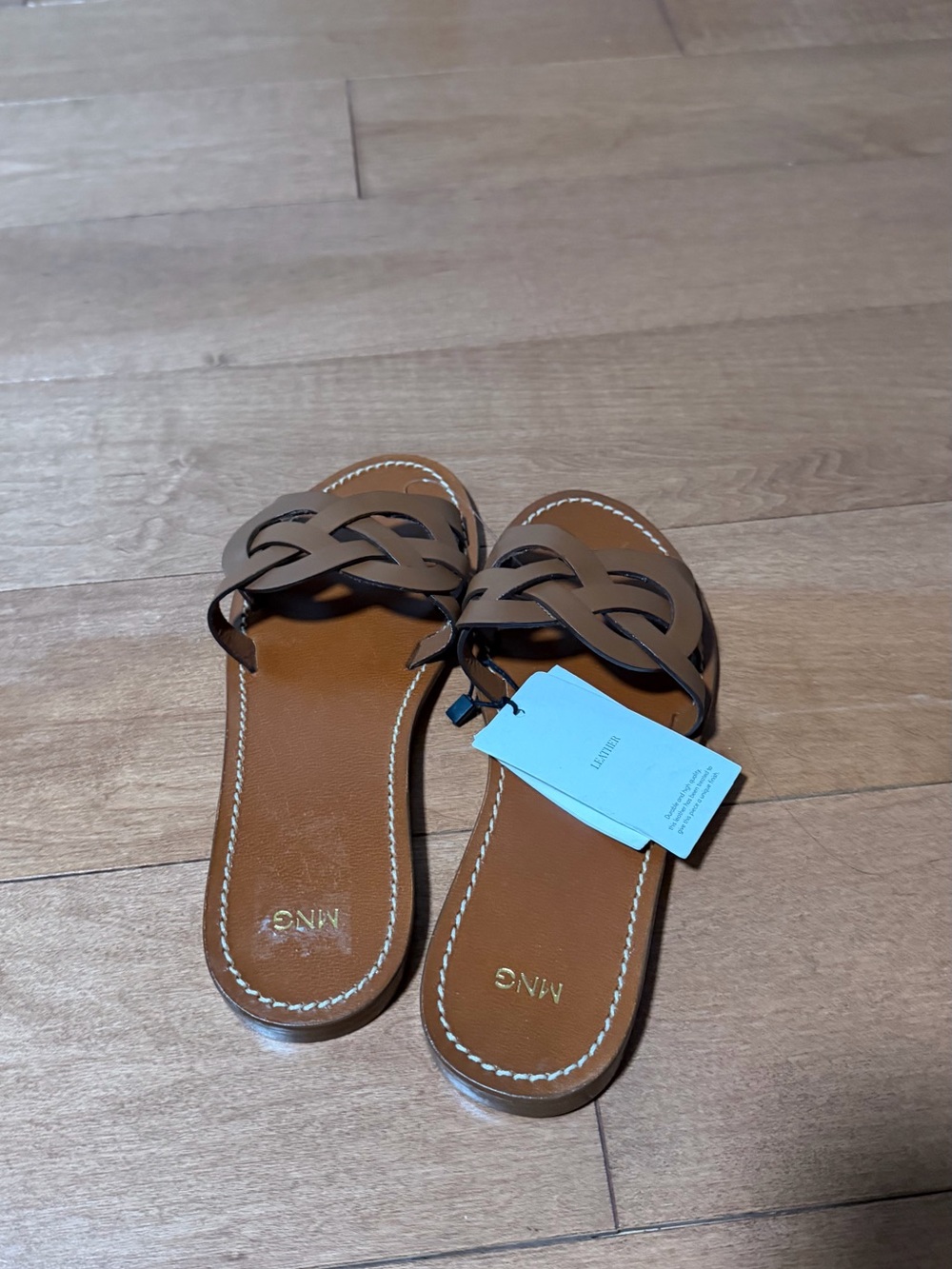 Mango Tan Braided Leather Slide Sandals